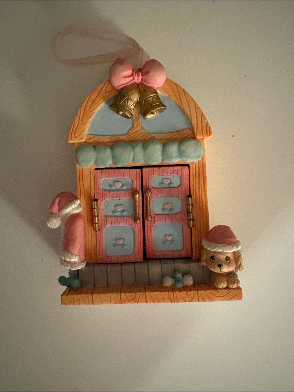 Precious Moments Pink and Blue Doorway Ornament with Gold Bells